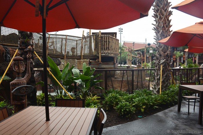 Outdoor seating and water play area.