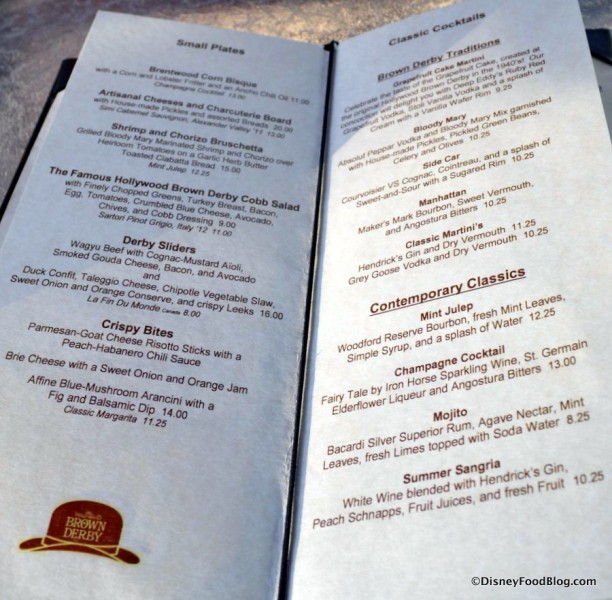Hollywood Brown Derby Lounge menu