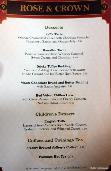Rose and Crown Dessert Menu