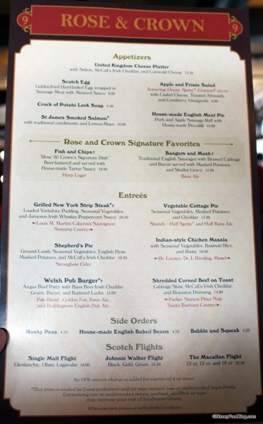 Rose and Crown Menu