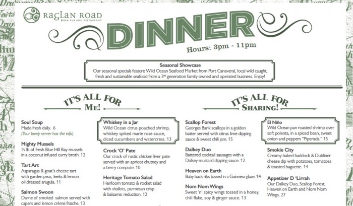 Raglan Road Menu Featuring Seasonal Appetizers -- Click to Enlarge