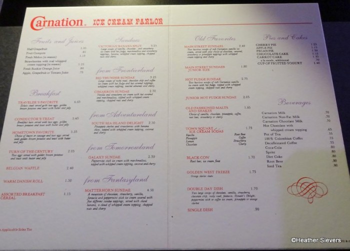 Carnation Ice Cream Parlor Menu