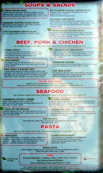 Full Rainforest Cafe menu available