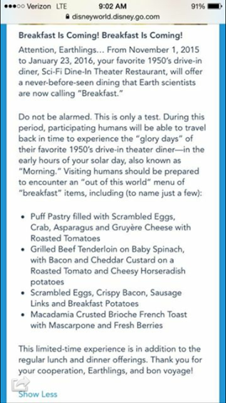 Sci-Fi Dine-In Breakfast Details