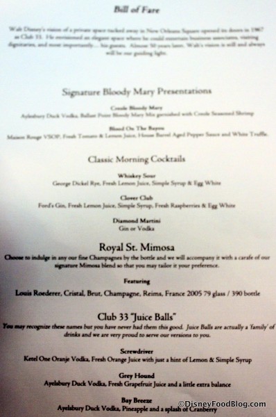 Club 33 Signature Brunch Cocktails