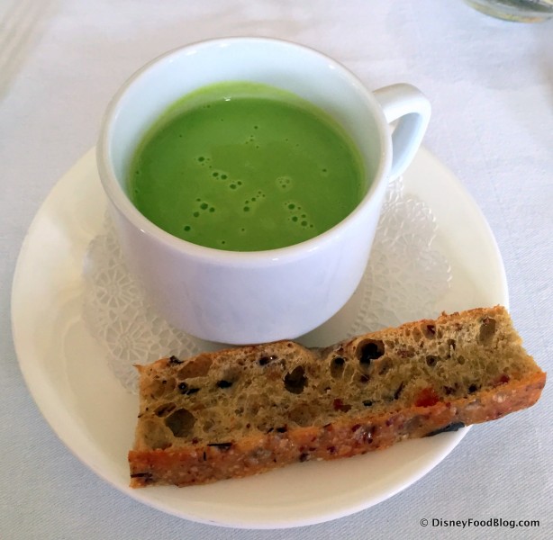 Cold Pea Soup with Bacon Mushroom Toast