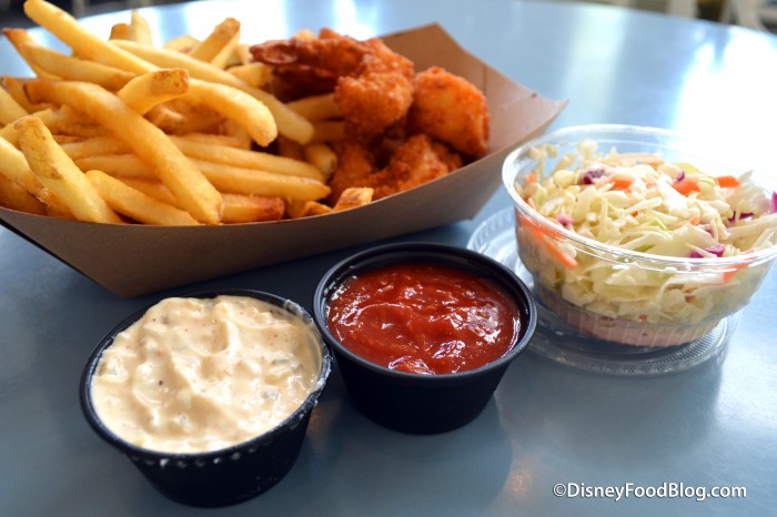 Fried Shrimp with Dipping Sauces and Coleslaw