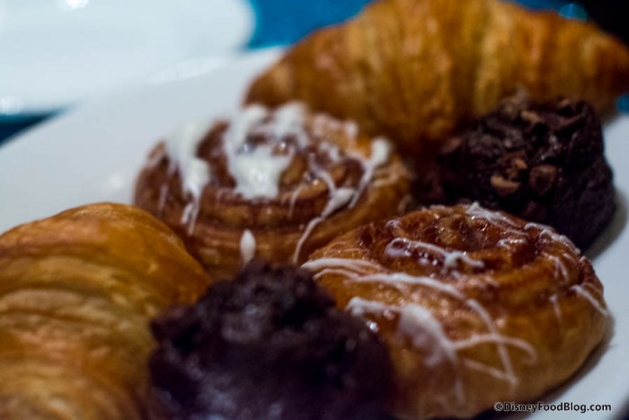 Cinnamon Buns, Chocolate Chocolate Chip Mini Muffins and Croissants