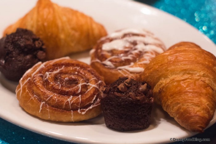 Cinnamon Buns, Chocolate Chocolate Chip Mini Muffins and Croissants