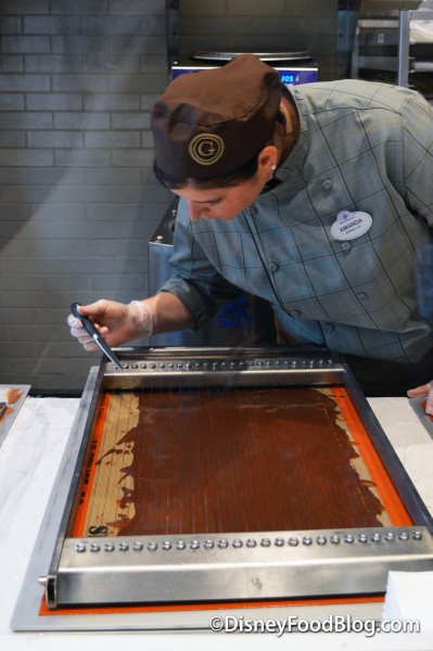Head Chocolatier Amanda Cutting the Ganache