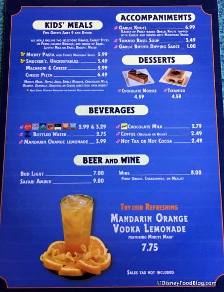 Pizzafari menu
