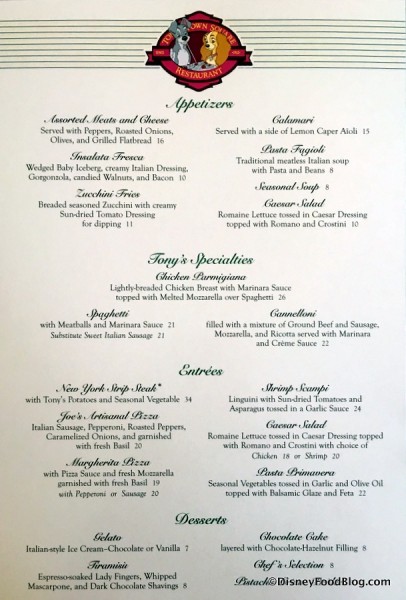 Tony's Town Square menu