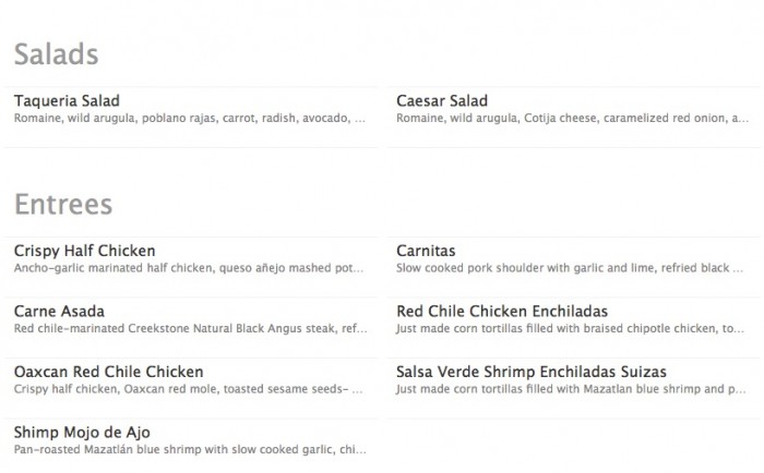 Salad and Entree Menus