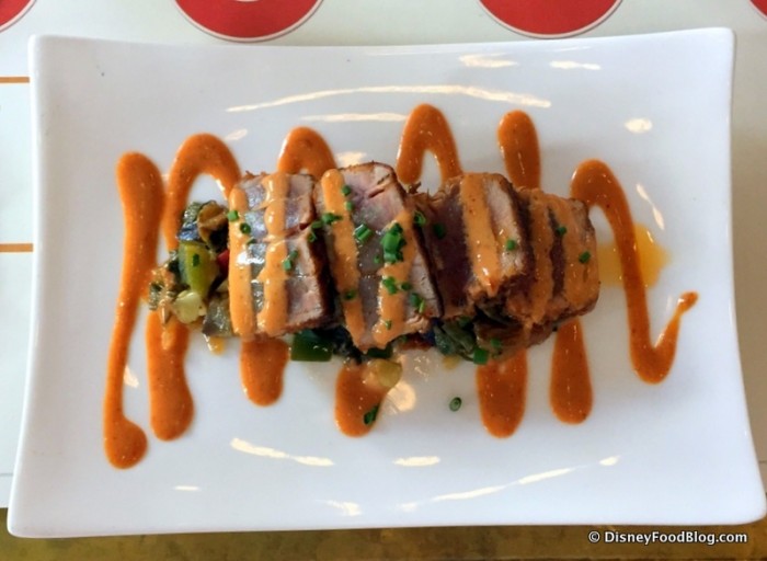 Spicy Tuna with Eggplant, Capers Salad, Zucchini, and Basil Oil