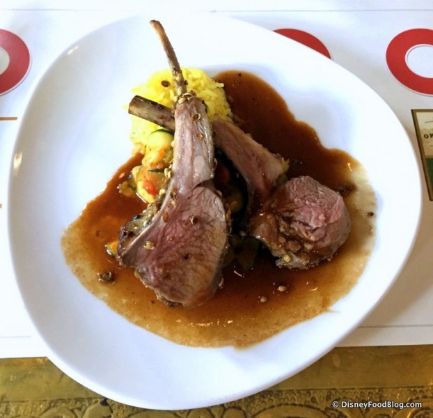 Coriander Crusted Lamb with Basmati Rice, Roasted Tomatoes, and Zucchini