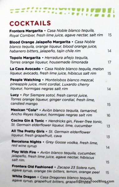 Closeup on Cocktail menu