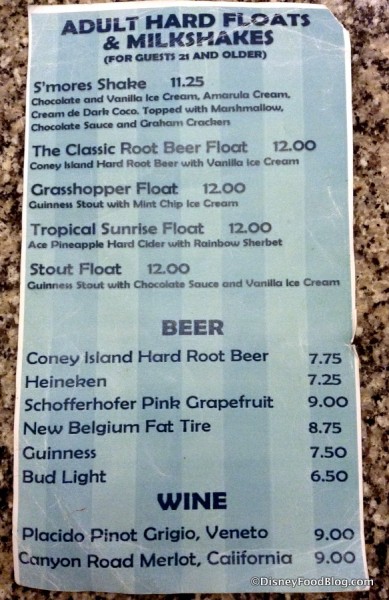 Adult Beverages Menu