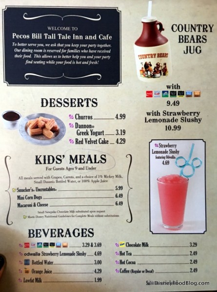 Pecos Bill Tall Tale Inn and Cafe Menu