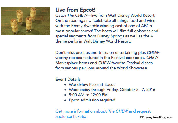 Taping information via the Disney World Food & Wine Festival site