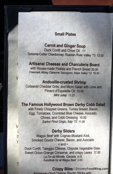 Small Plates Menu at Brown Derby Lounge (Partial)