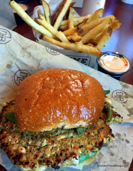 Veggie Burger, Fries, and Dipping Sauce
