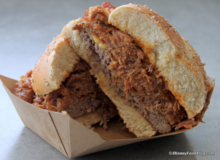 Barbecued Pork Bacon Cheeseburger -- Cross Section