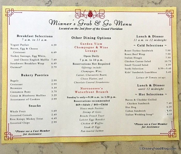 Mizner's Grab and Go Menu