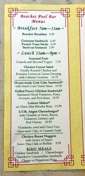 Beaches Pool Bar Menu