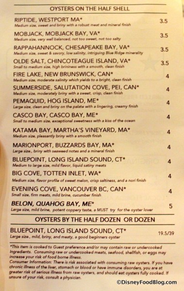 Menu -- Oyster Varieties -- Click to Enlarge