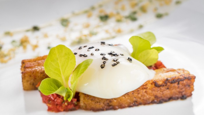 Deconstructed BLT with Crispy Pork Belly, Tomato Jam, and Soft Poached Egg ©Disney