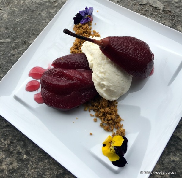 Poached Pear with Vanilla Panna Cotta and Pistachio Crumbs