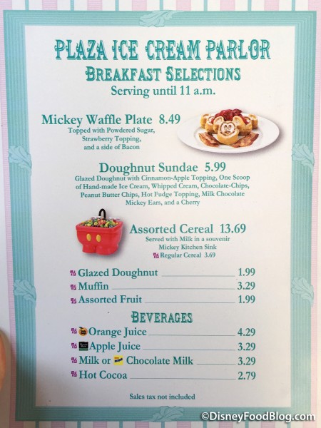 Plaza Ice Cream Parlor Breakfast Menu