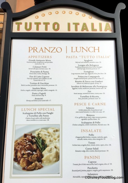 Tutto Italia Lunch Menu