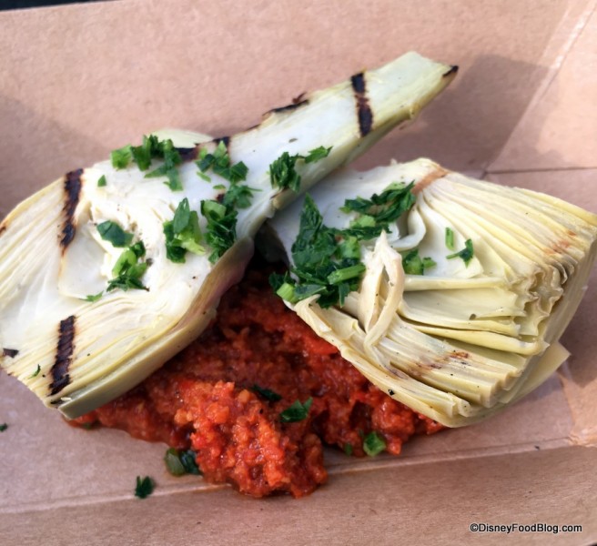 Grilled and chilled artichoke hearts with Romesco sauce