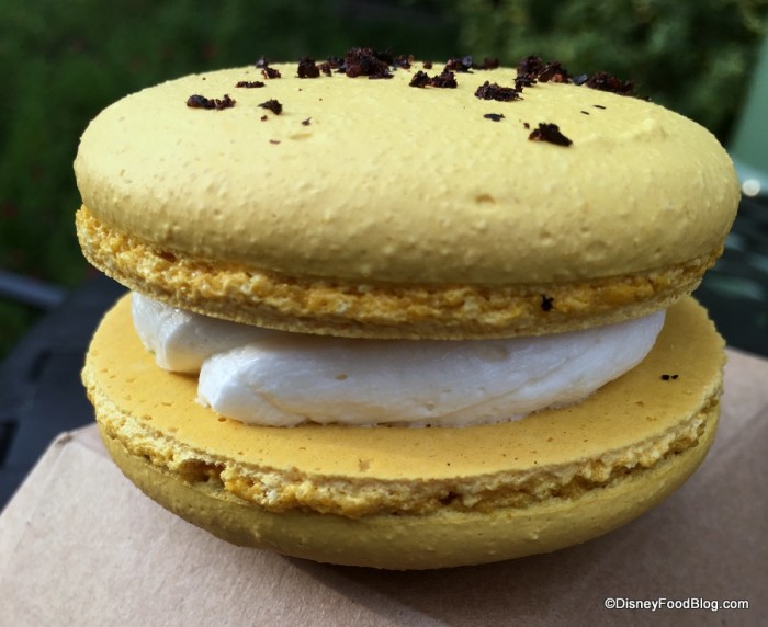 Meyer lemon macaron with blueberry marmalade, Meyer lemon cream and blueberry dust