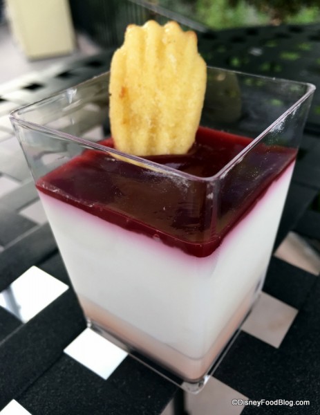 Vanilla bean crème fraîche panna cotta with Amarena cherry jus and EVOO madeleine
