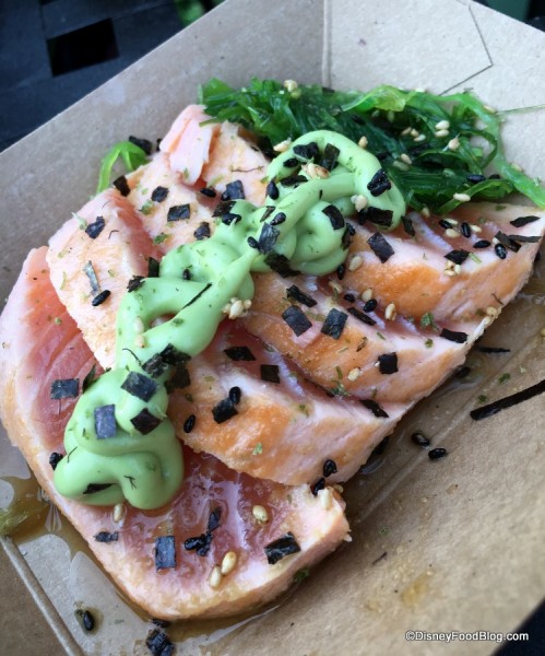 Verlasso® sustainable salmon tataki with avocado-wasabi puree and Furikake dust 
