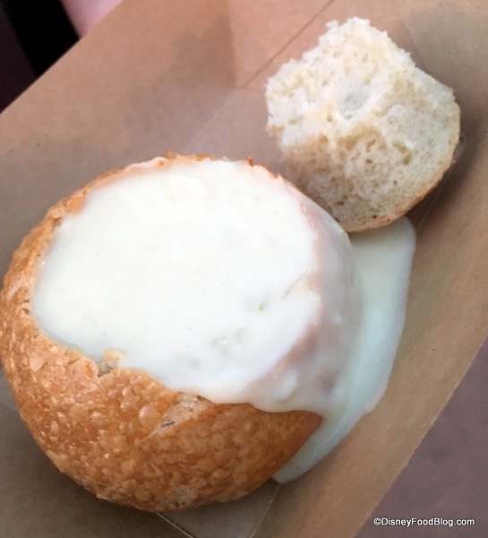 White cheddar lager soup topped with bacon, served in a mini Boudin sourdough boule