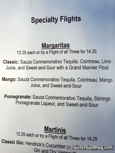 Brown Derby Lounge Margarita Flight Menu