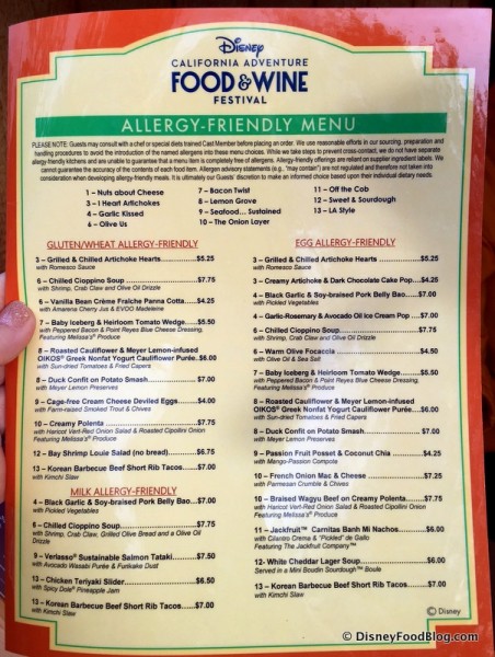 2017 Disney California Adventure Food and Wine Festival Allergy Friendly Menu
