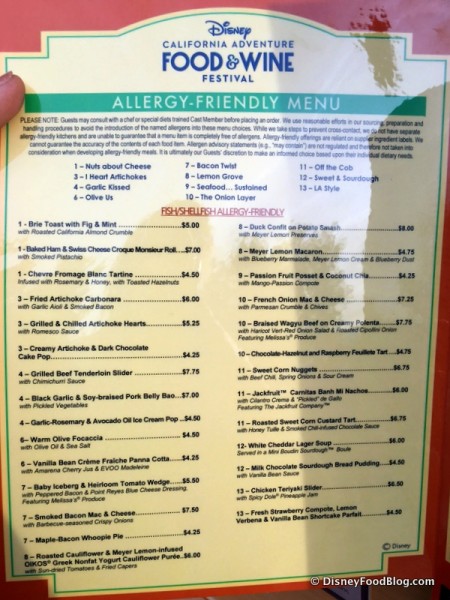 2017 Disney California Adventure Food and Wine Festival Allergy Friendly Menu