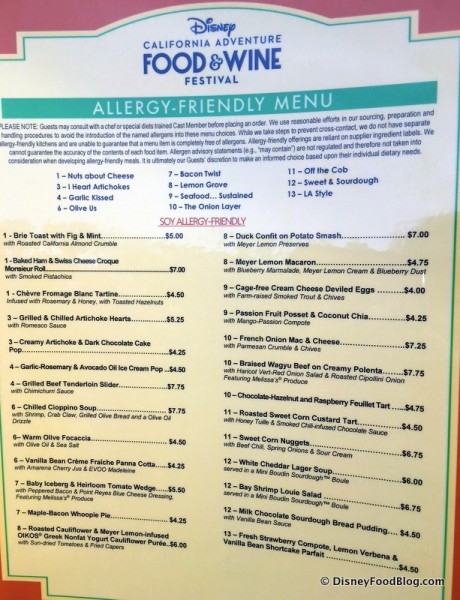 2017 Disney California Adventure Food and Wine Festival Allergy Friendly Menu