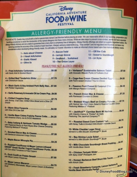 2017 Disney California Adventure Food and Wine Festival Allergy Friendly Menu