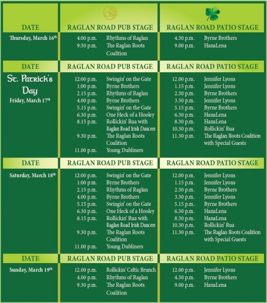 Full 2017 Raglan Road Mighty St. Patrick's Day Festival Schedule