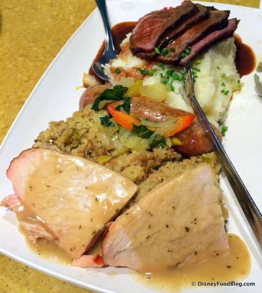 Platter of Meats, Mashed Potatoes, Dressing, and Gravy