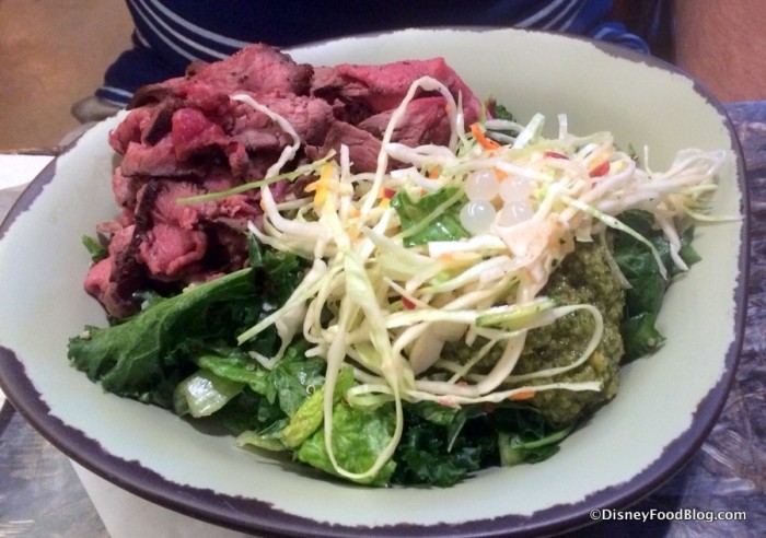 Beef over Kale and Romaine salad with Charred Onion Chimichurri Dressing