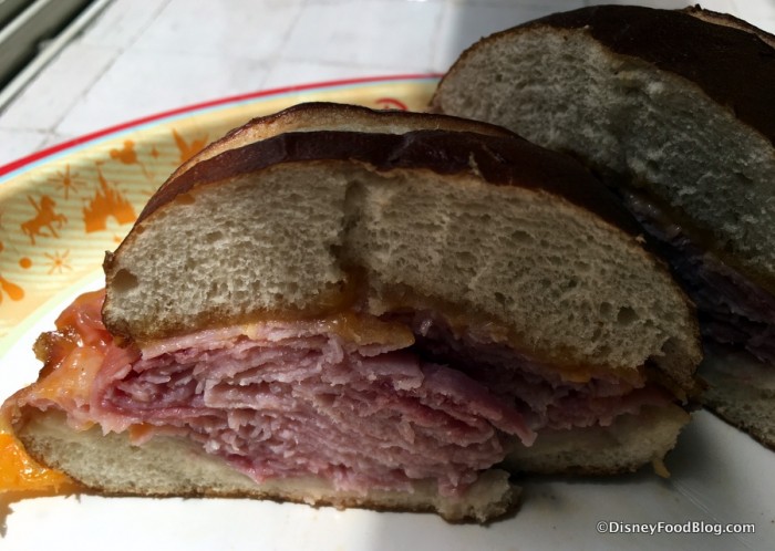 Ham and Cheddar Cheese on a Pretzel Roll