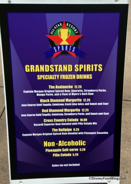 Grandstand Spirits Frozen Specialties Menu