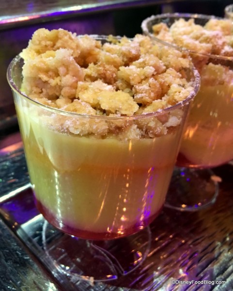 Sweet Avocado Crema with Strawberries, Yellow Cake, and Tortilla Streusel