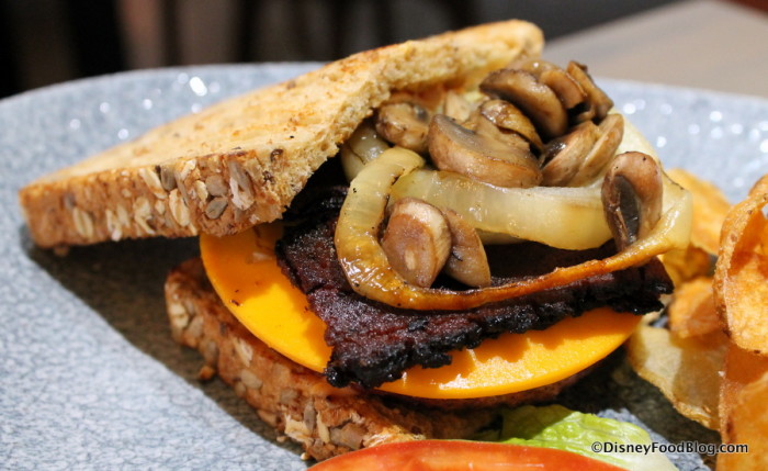 Closeup on cheese, "bacon," mushrooms and onions
